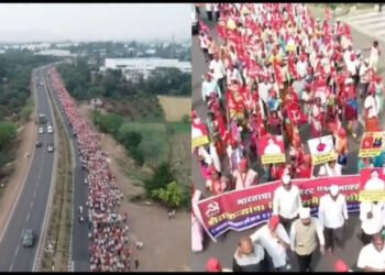 VIDEO | मुंबईच्या दिशेनं लाल वादळाचं झंजावती दृश्य; ड्रोन मधून टिपला शेतकऱ्यांचा थक्क करणारा मोर्चा…..