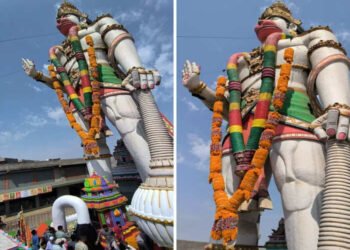 १०५ फूट उंची मूर्तीची लिम्का बुक ऑफ वर्ल्ड रेकॉर्डमध्ये नोंद, हनुमान जयंतीनिमित्त भाविकांची गर्दी…..