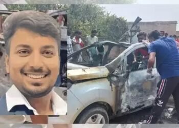 धावत्या कारमध्ये LPG सिलिंडरचा स्फोट, तरुण जिवंत जळाला ; छत १० फुटांवर