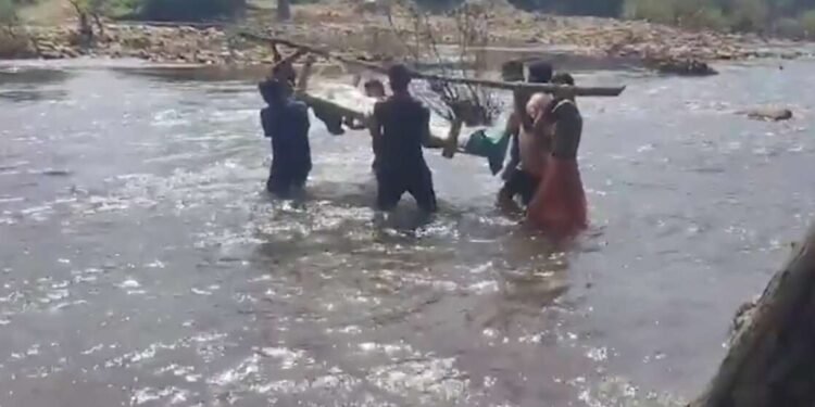 अंत्यसंस्कारासाठी नदी पार करत खाटेवरुन मृतदेह नेण्याची वेळ, गडचिरोलीतील मन हेलावणारा व्हिडिओ