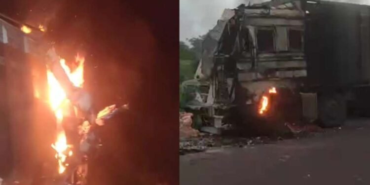 साताऱ्यात टेम्पो-कंटेनरची जोरदार टक्कर, आगीत होरपळून दोघांचा मृत्यूसाताऱ्यात टेम्पो-कंटेनरची जोरदार टक्कर, आगीत होरपळून दोघांचा मृत्यू